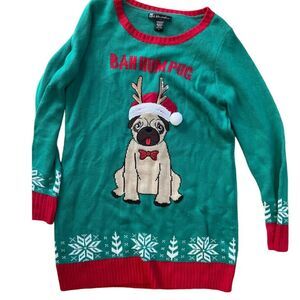 United States Sweaters Ugly Christmas Women Large Pug Dog Bah‎ Hum Sweater